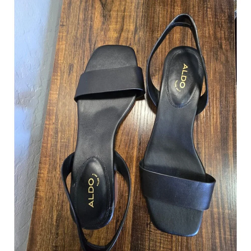 Aldo Dorenna Black Leather Square Toe Sandals With Low Block Heel Size 8.5-9 - Picture 4 of 12